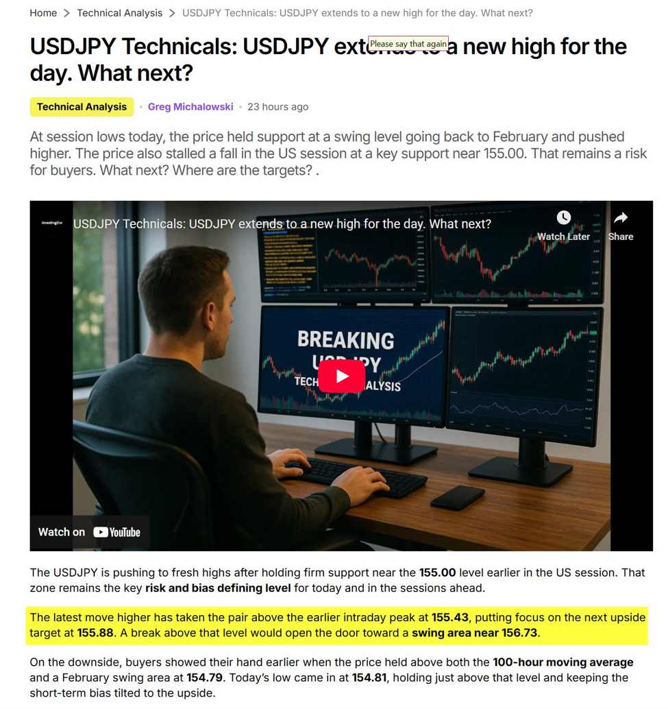 USDJPY Technical: The USDJPY has stretched to the topside target at 156.733. Key level.