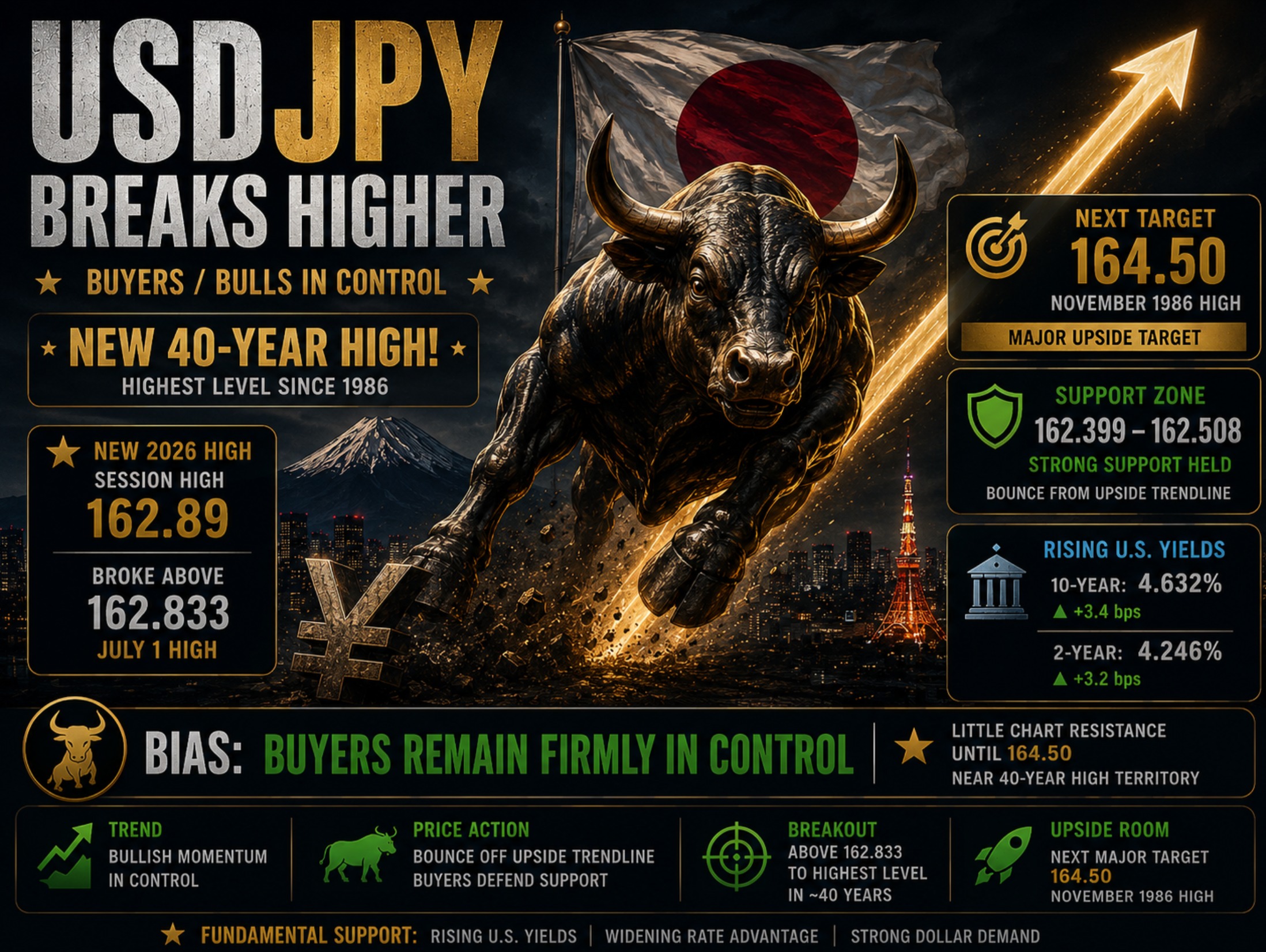 USDJPY trades to a new 40 year high